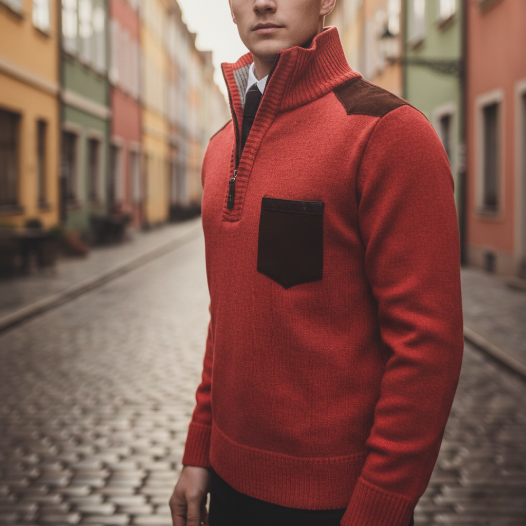 Men's half-zip sweater with stand collar, contrast shoulder panels and chest pocket