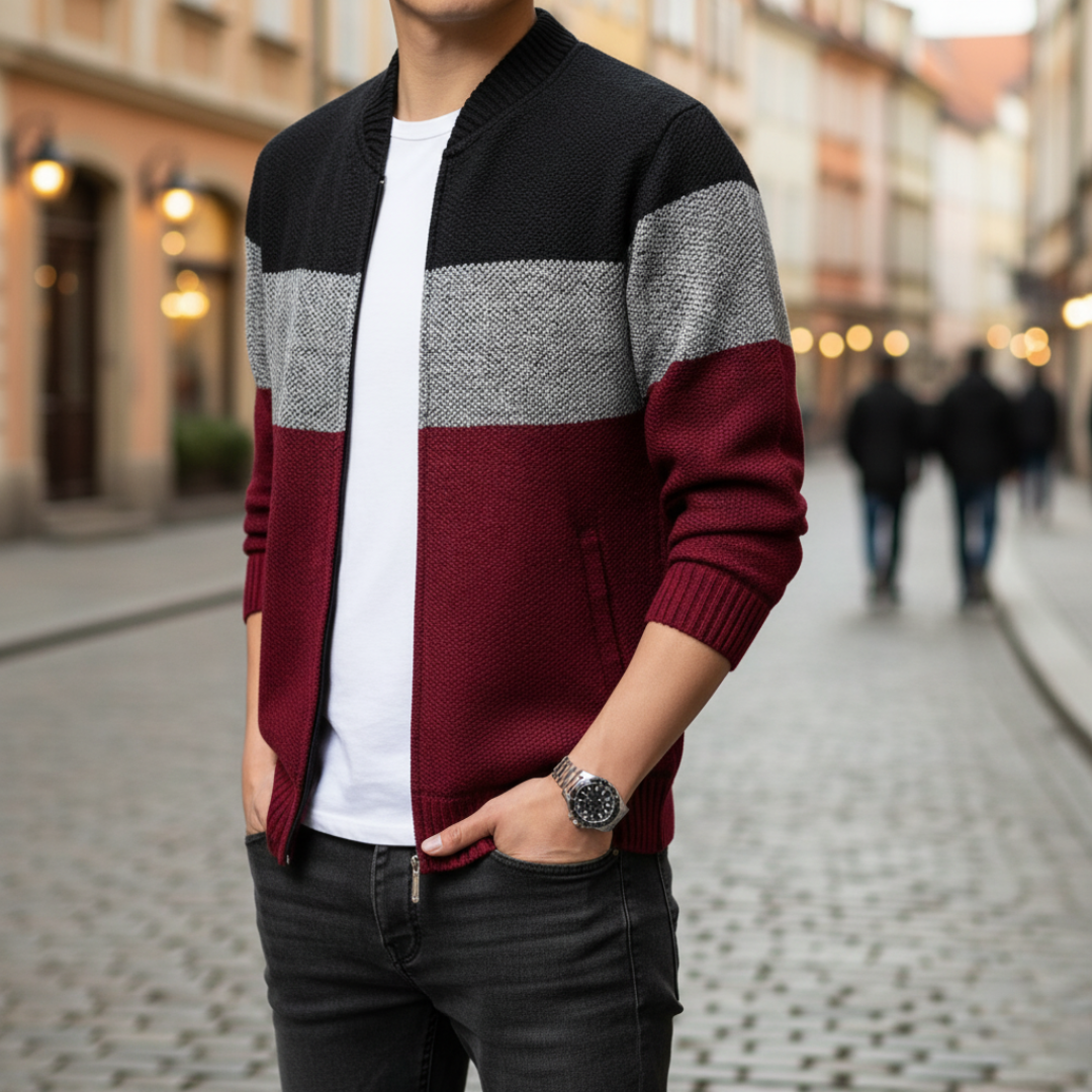 Men's striped knit cardigan with mock neck and front zipper
