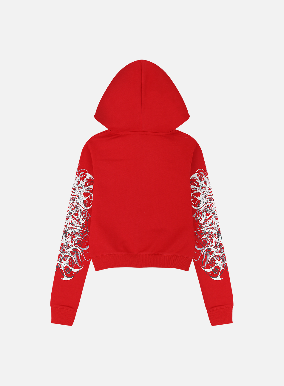 Women's red cropped hoodie with white and grey graphic print, hood and zip front