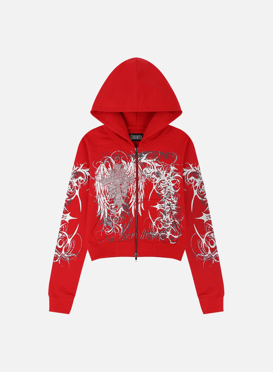 Women's red cropped hoodie with white and grey graphic print, hood and zip front