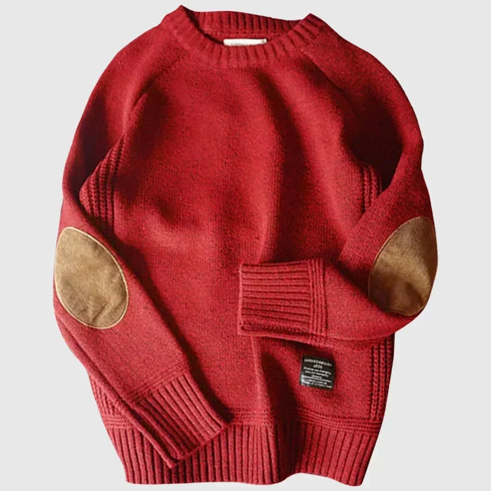 Men's crew neck jumper with contrast elbow patches