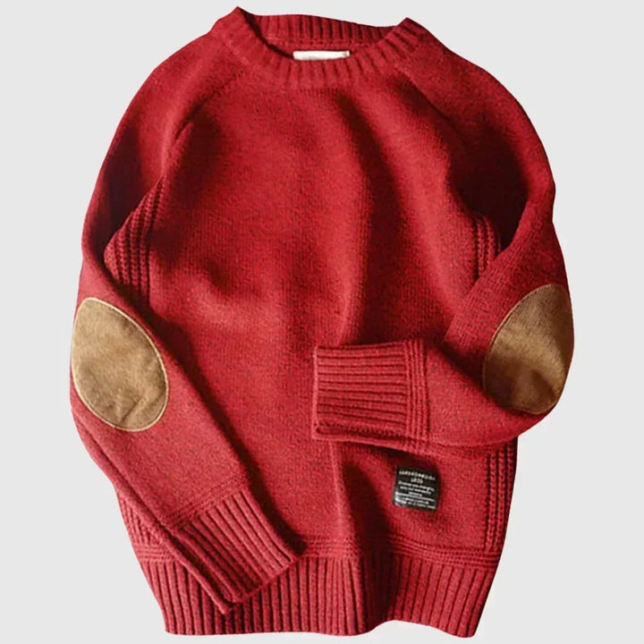 Men's crew neck jumper with contrast elbow patches