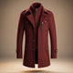 Men's structured long coat with high collar, zip and button front, and multiple pockets