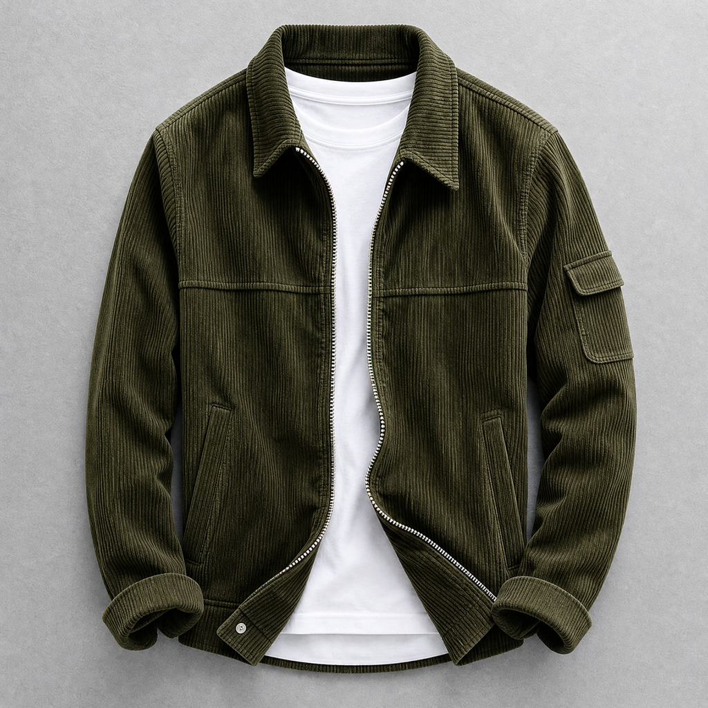 Men's corduroy jacket with zip front, pointed collar and sleeve pocket