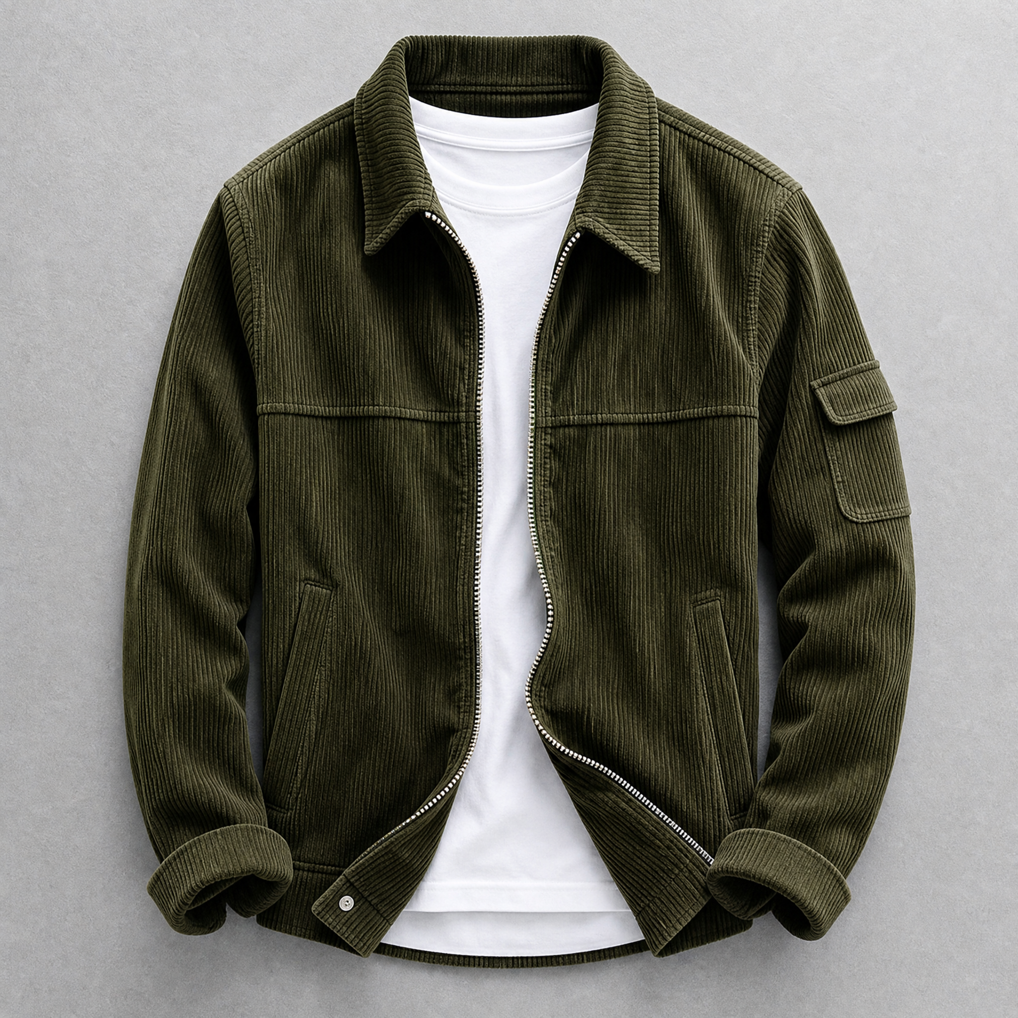 Men's corduroy jacket with zip front, pointed collar and sleeve pocket
