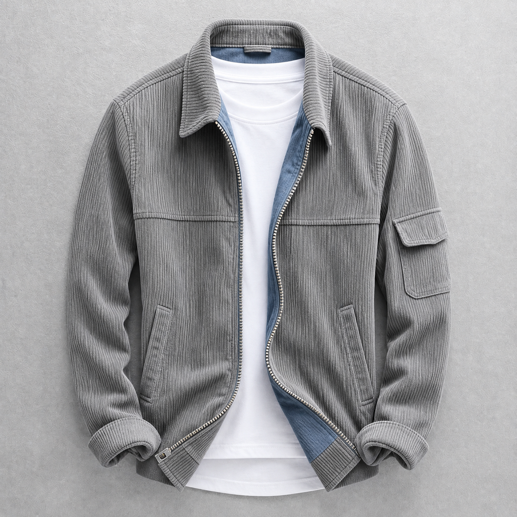 Men's corduroy jacket with zip front, pointed collar and sleeve pocket