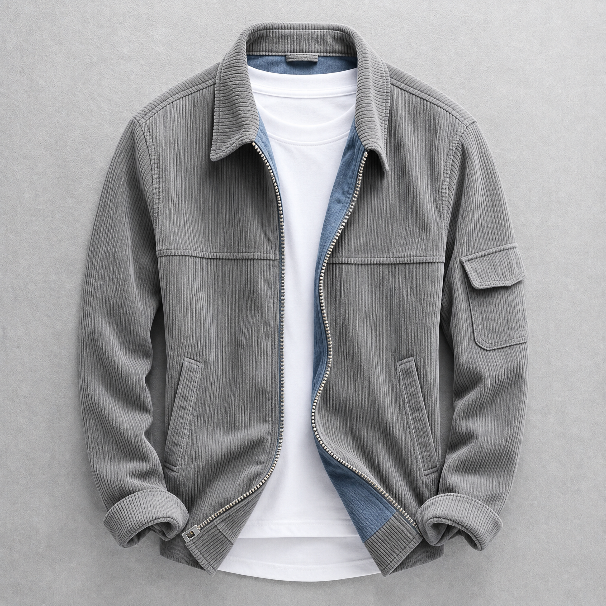 Men's corduroy jacket with zip front, pointed collar and sleeve pocket