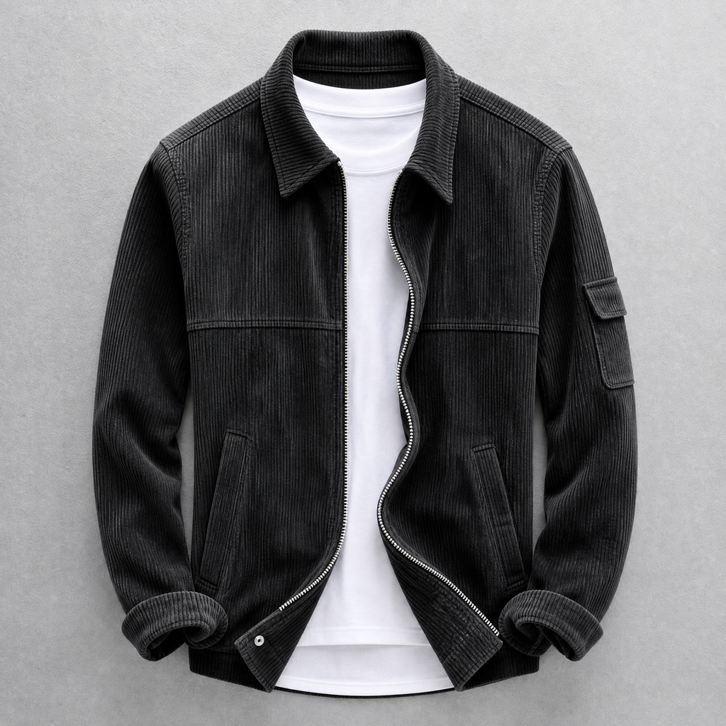 Men's corduroy jacket with zip front, pointed collar and sleeve pocket