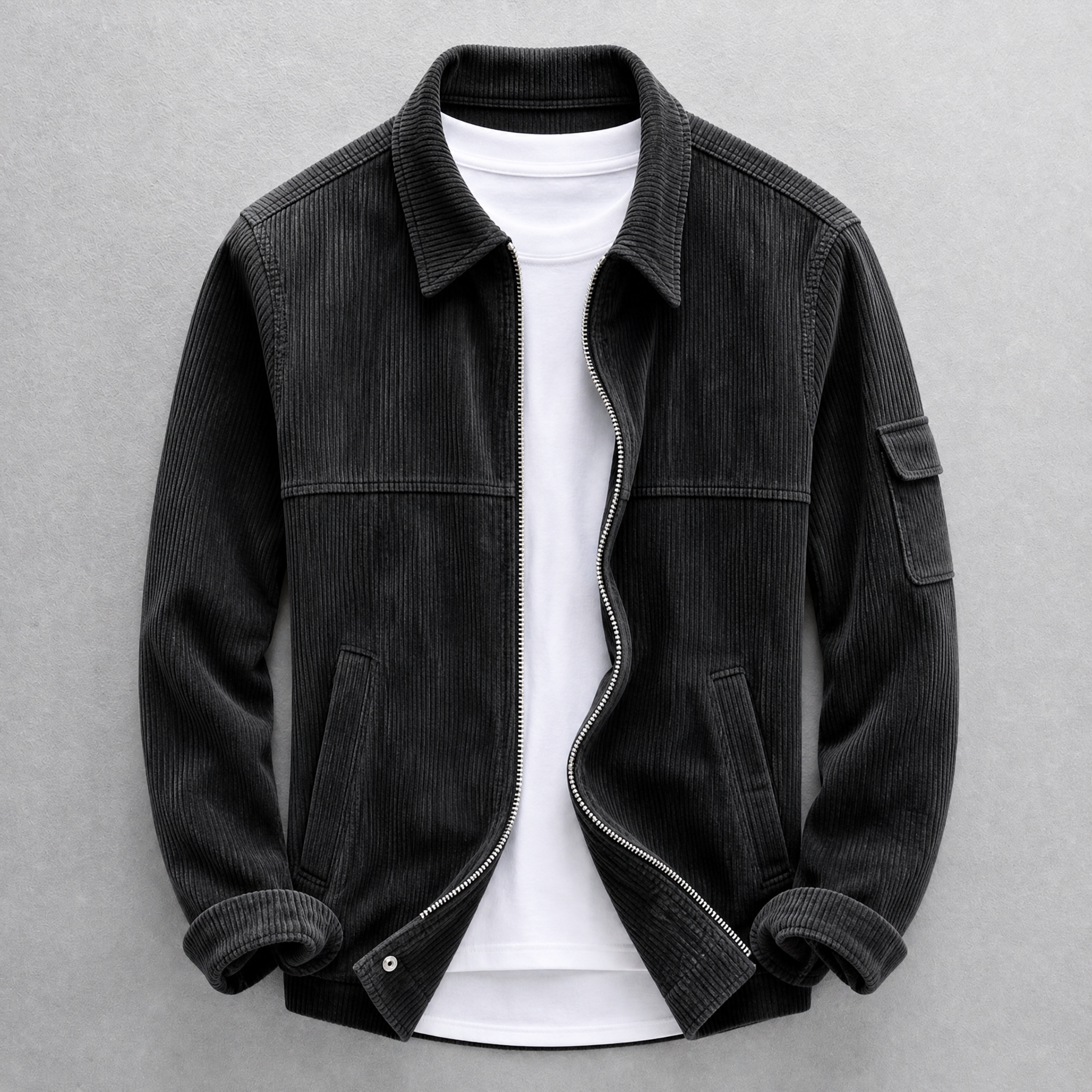 Men's corduroy jacket with zip front, pointed collar and sleeve pocket