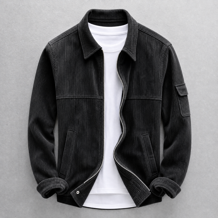 Men's corduroy jacket with zip front, pointed collar and sleeve pocket