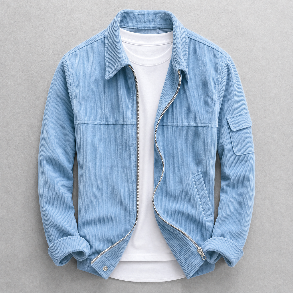 Men's corduroy jacket with zip front, pointed collar and sleeve pocket
