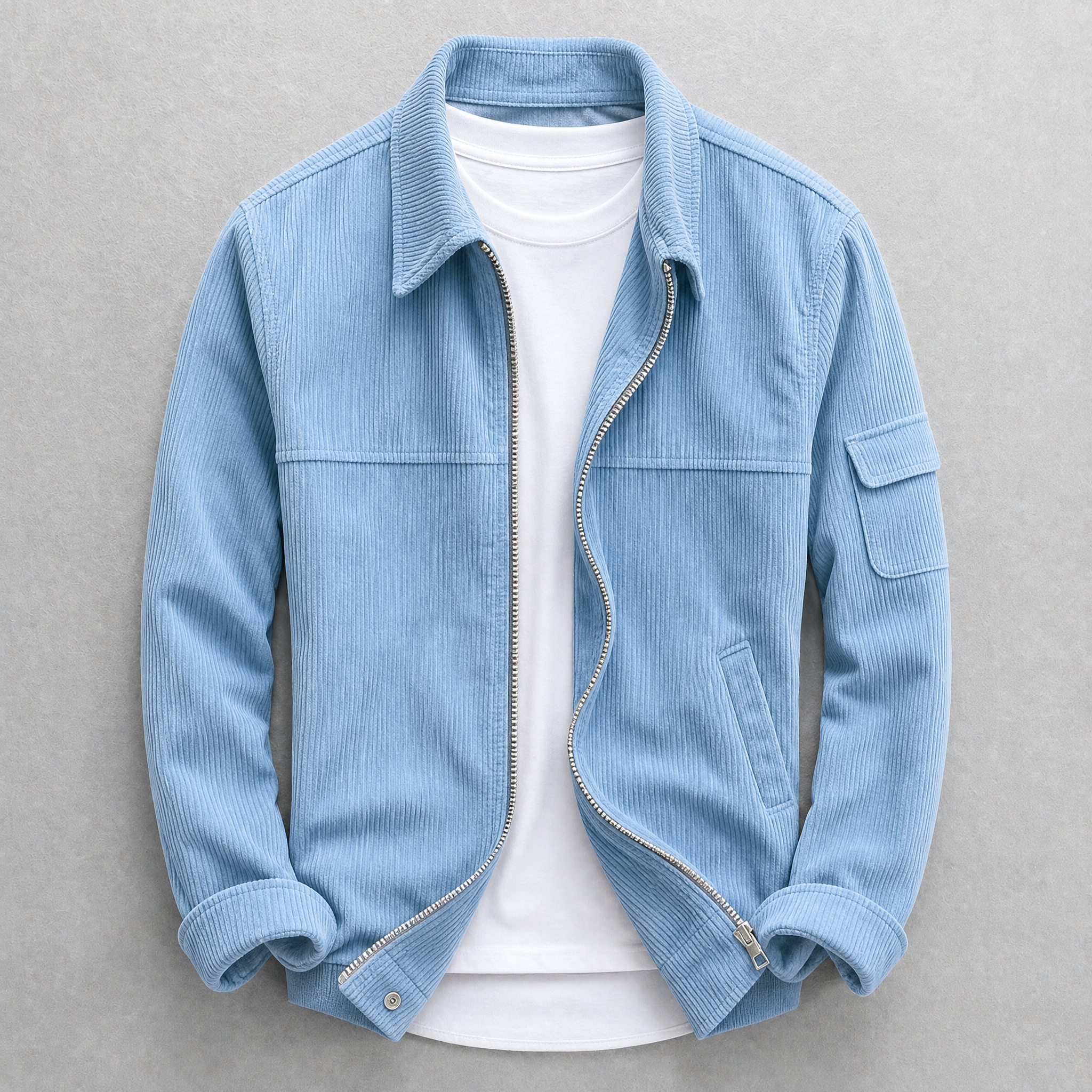 Men's corduroy jacket with zip front, pointed collar and sleeve pocket