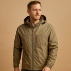 Men's hooded rain jacket with full zip, long sleeves and multiple zipped pockets