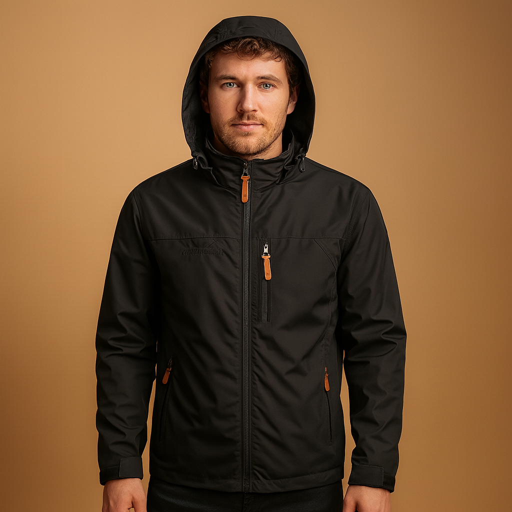 Men's hooded rain jacket with full zip, long sleeves and multiple zipped pockets