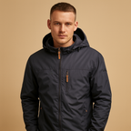 Men's hooded rain jacket with full zip, long sleeves and multiple zipped pockets