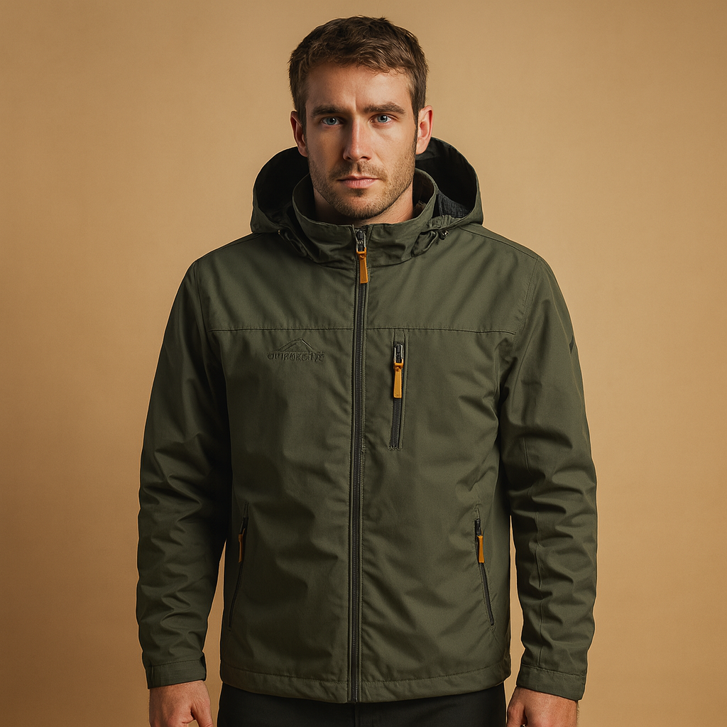 Men's hooded rain jacket with full zip, long sleeves and multiple zipped pockets