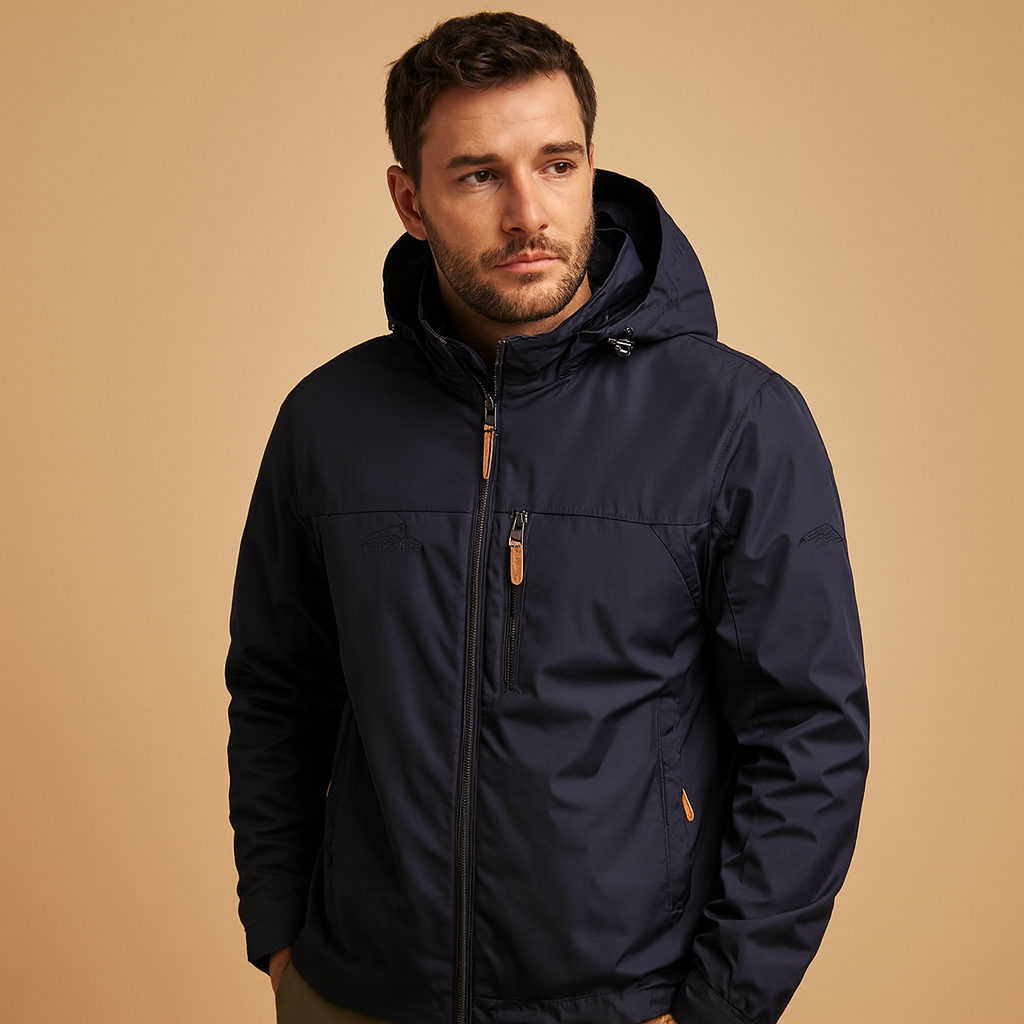 Men's hooded rain jacket with full zip, long sleeves and multiple zipped pockets
