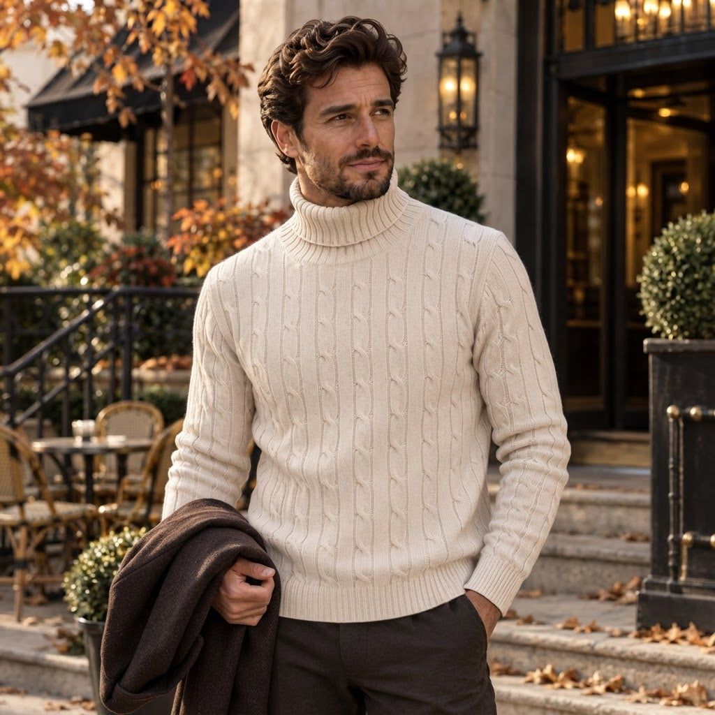 Men's textured turtle neck jumper with long sleeves and ribbed trims