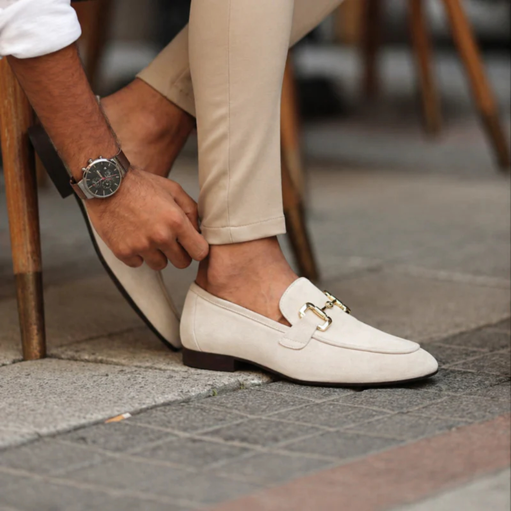 Men's horsebit loafers with almond toes, low heels and contrasting soles