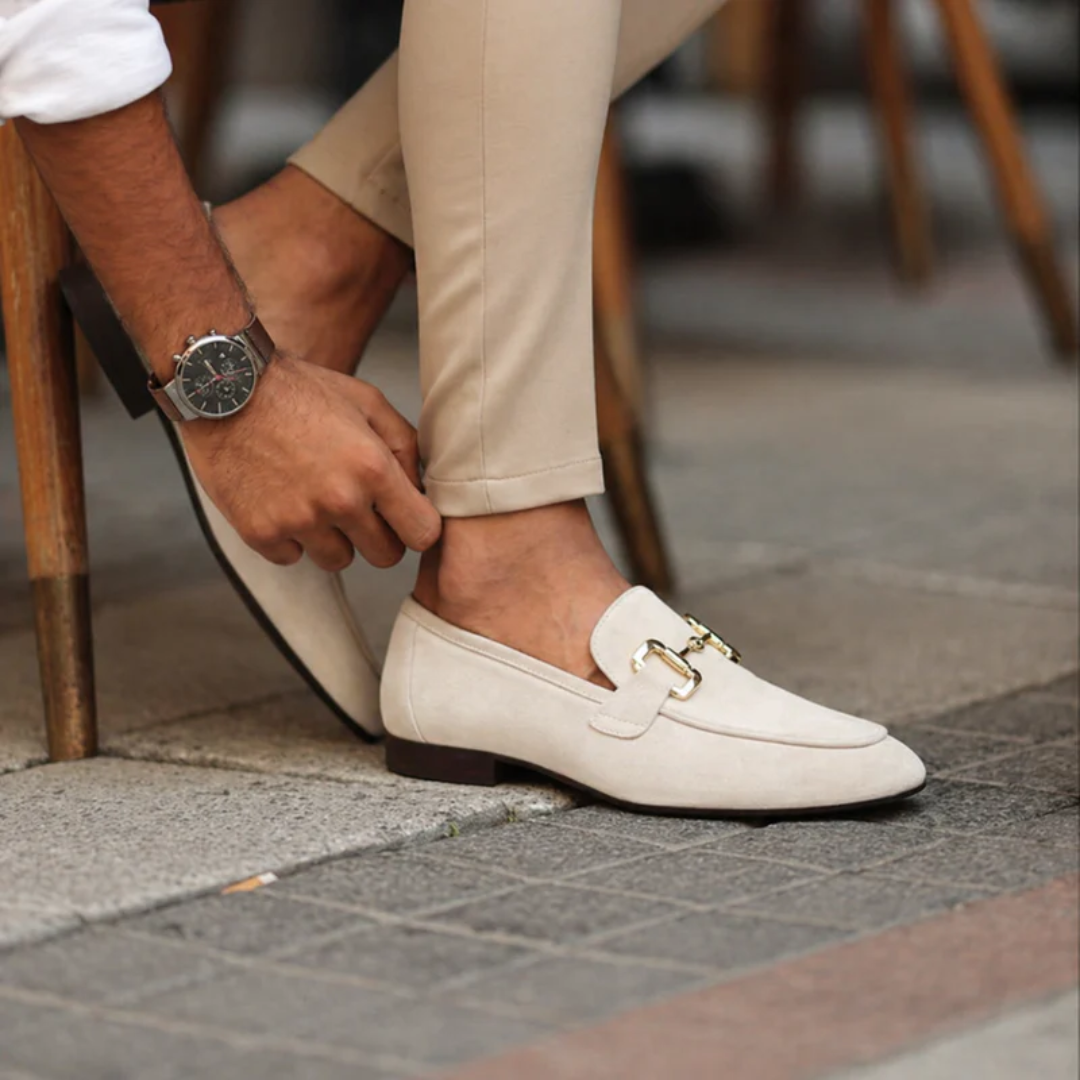 Men's horsebit loafers with almond toes, low heels and contrasting soles