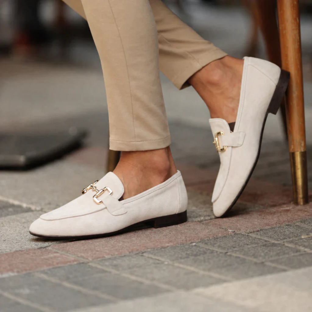 Men's horsebit loafers with almond toes, low heels and contrasting soles