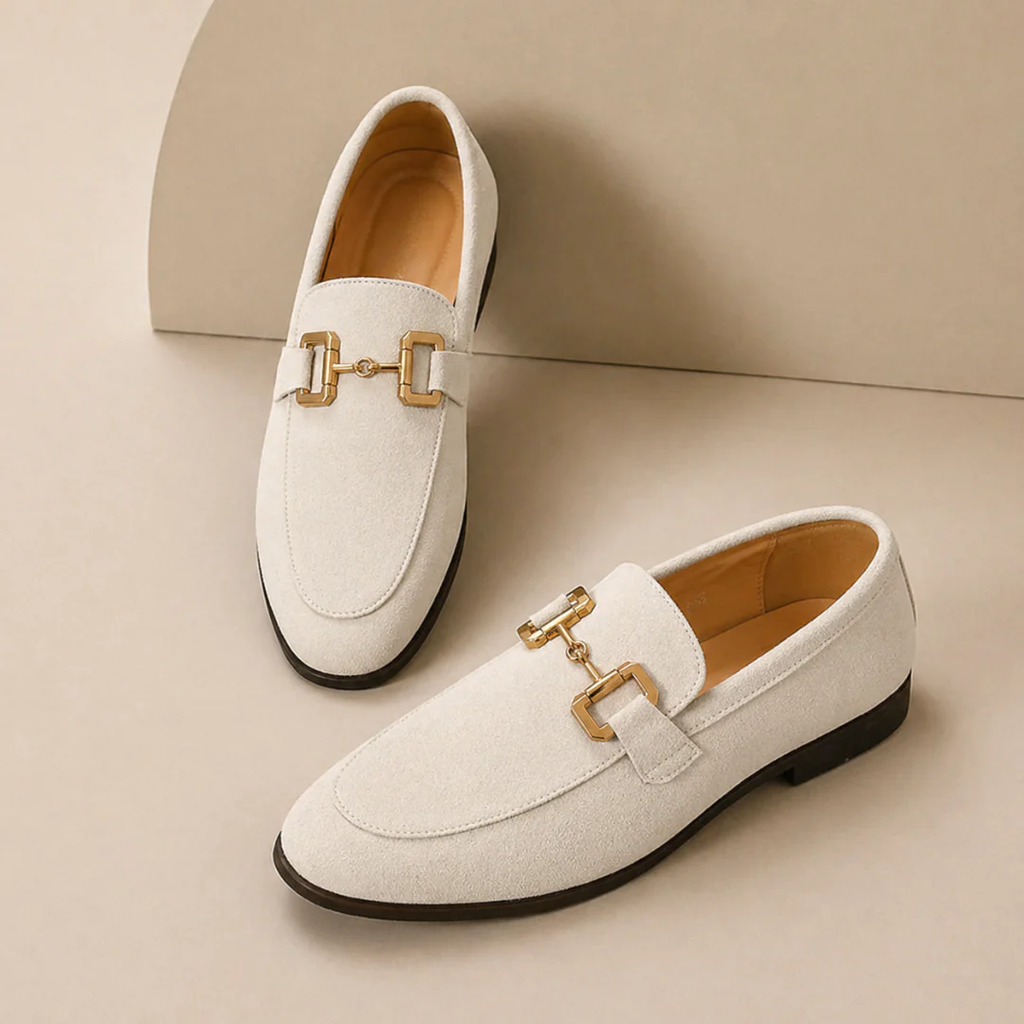 Men's horsebit loafers with almond toes, low heels and contrasting soles