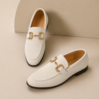 Men's horsebit loafers with almond toes, low heels and contrasting soles