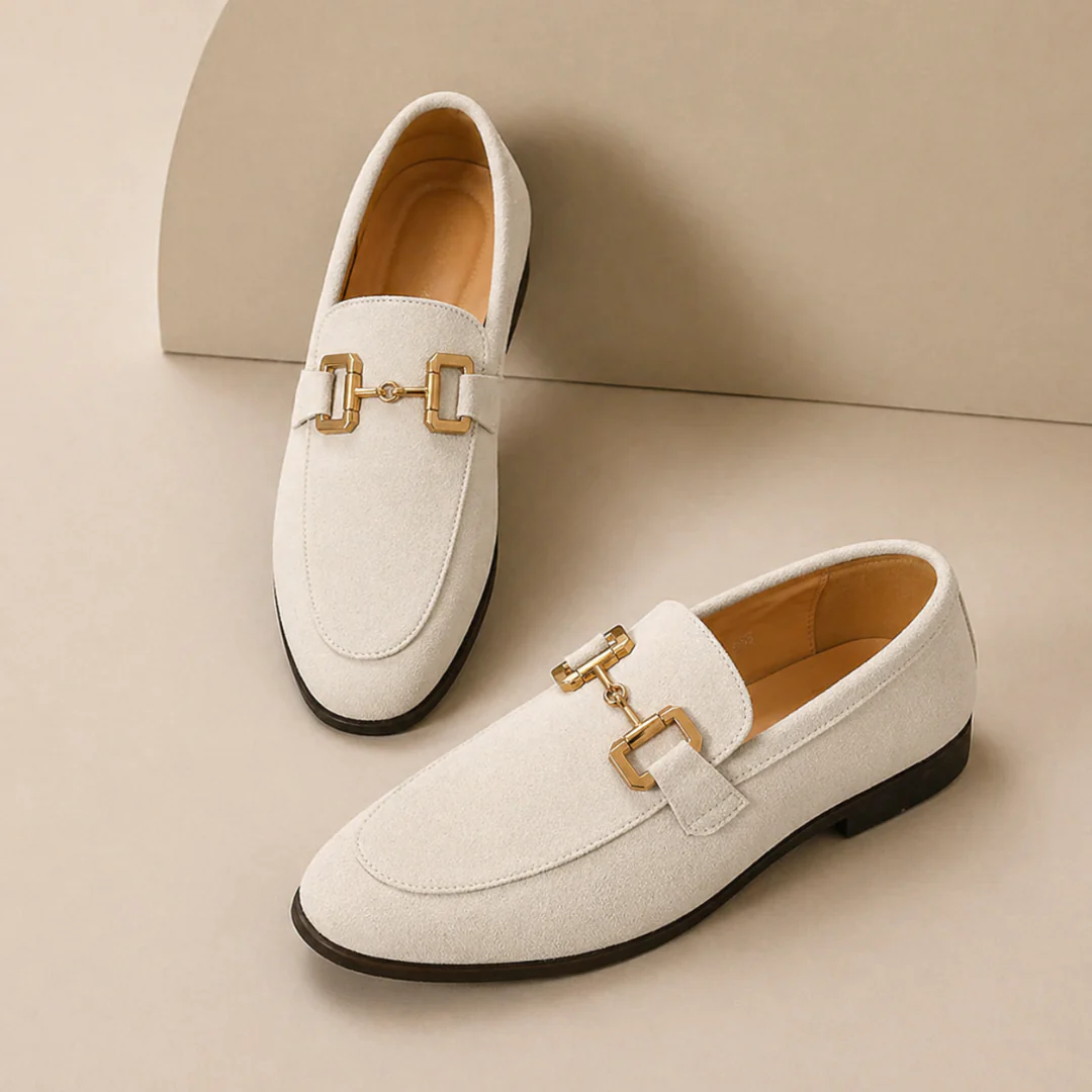 Men's horsebit loafers with almond toes, low heels and contrasting soles