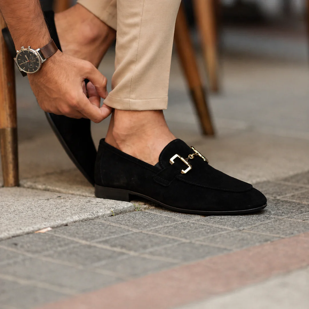 Men's horsebit loafers with almond toes, low heels and contrasting soles