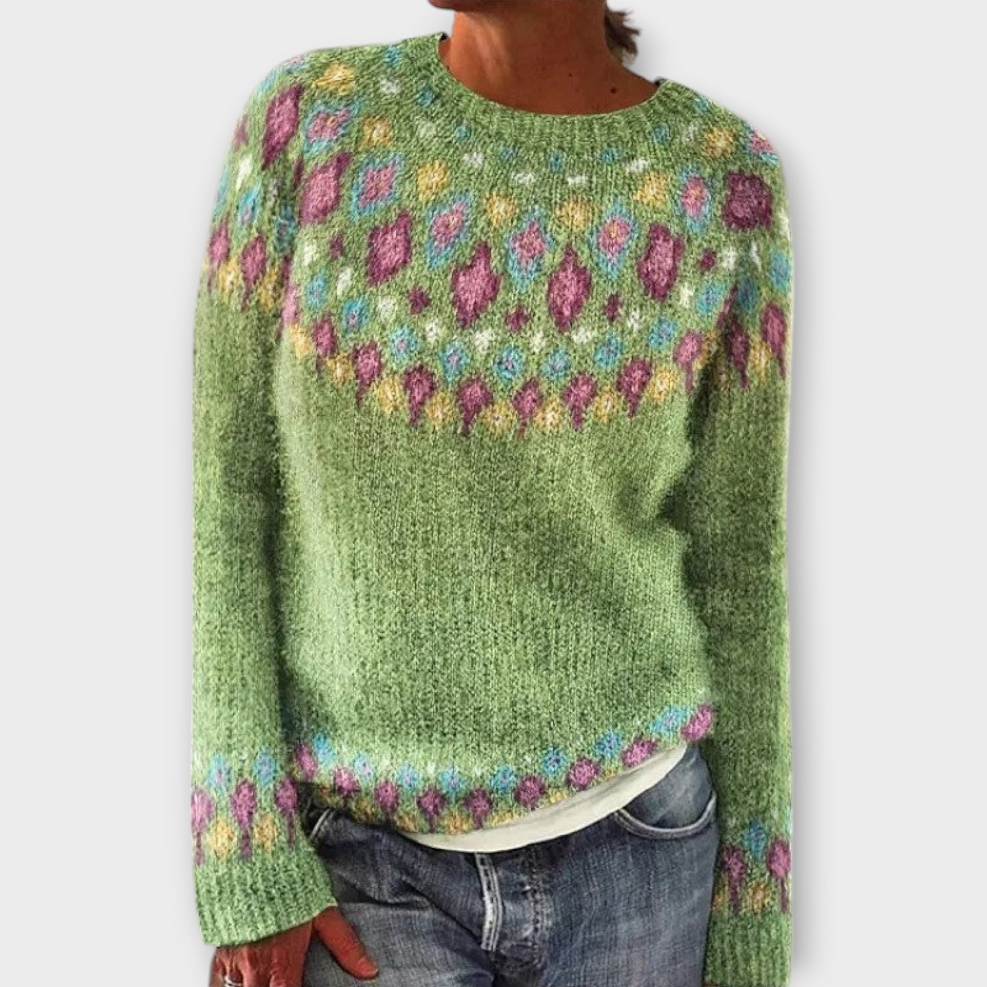Women's patterned knit jumper with round neckline and long sleeves