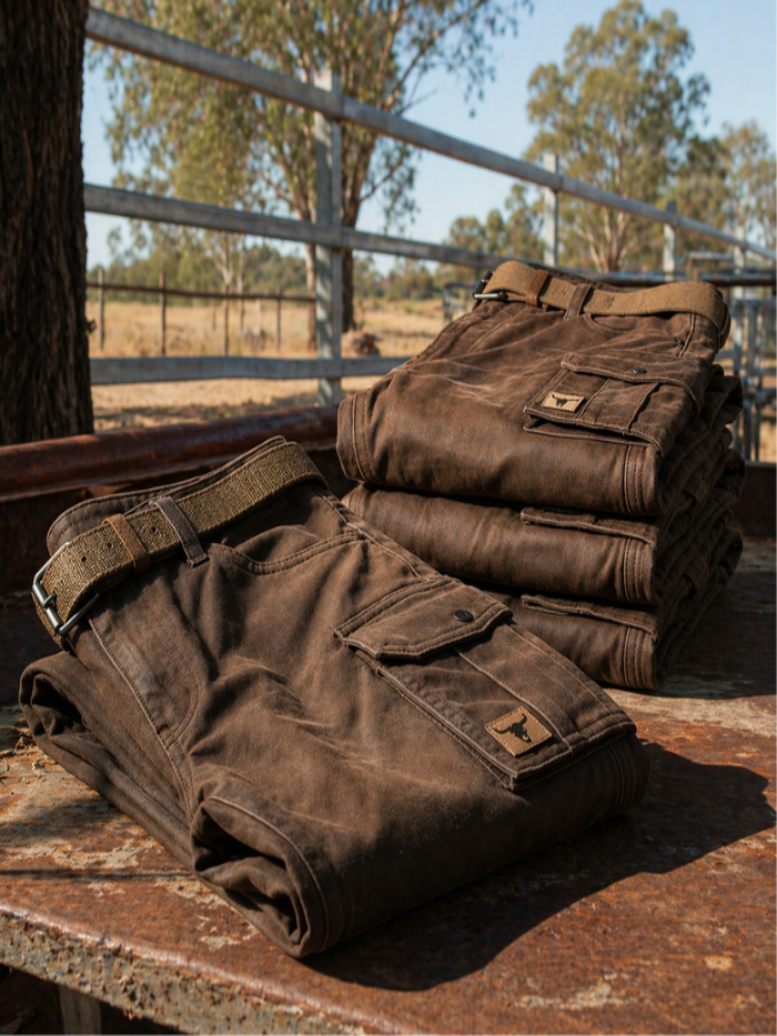 Men's brown cargo trousers with belt and button-flap utility pockets