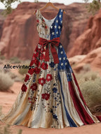 Women's floral flag print sleeveless maxi dress with waist bow