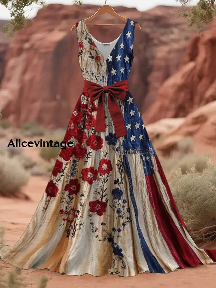 Women's floral flag print sleeveless maxi dress with waist bow