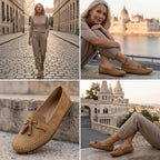 Women's flat moccasin loafers with decorative lacing and rounded toes
