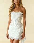 Women's strapless lace corset mini dress with asymmetric draped hem