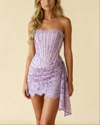 Women's strapless lace corset mini dress with asymmetric draped hem