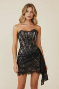 Women's strapless lace corset mini dress with asymmetric draped hem