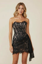 Women's strapless lace corset mini dress with asymmetric draped hem