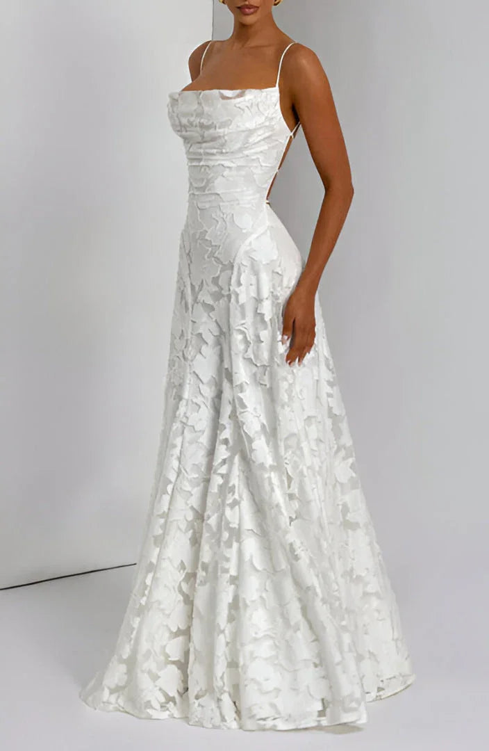 Women's floral textured maxi dress with square neckline and spaghetti straps