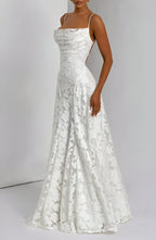 Women's floral textured maxi dress with square neckline and spaghetti straps