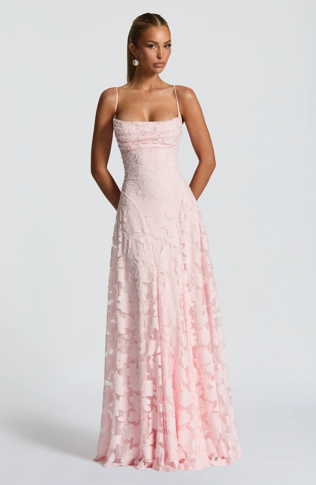 Women's floral textured maxi dress with square neckline and spaghetti straps