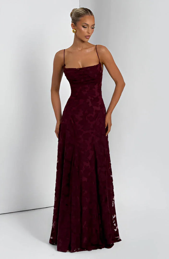 Women's floral textured maxi dress with square neckline and spaghetti straps