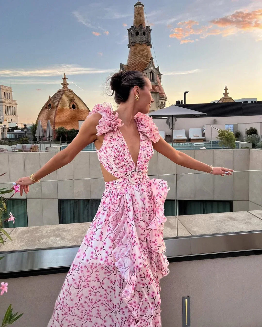 Women's pink floral maxi dress with ruffle straps