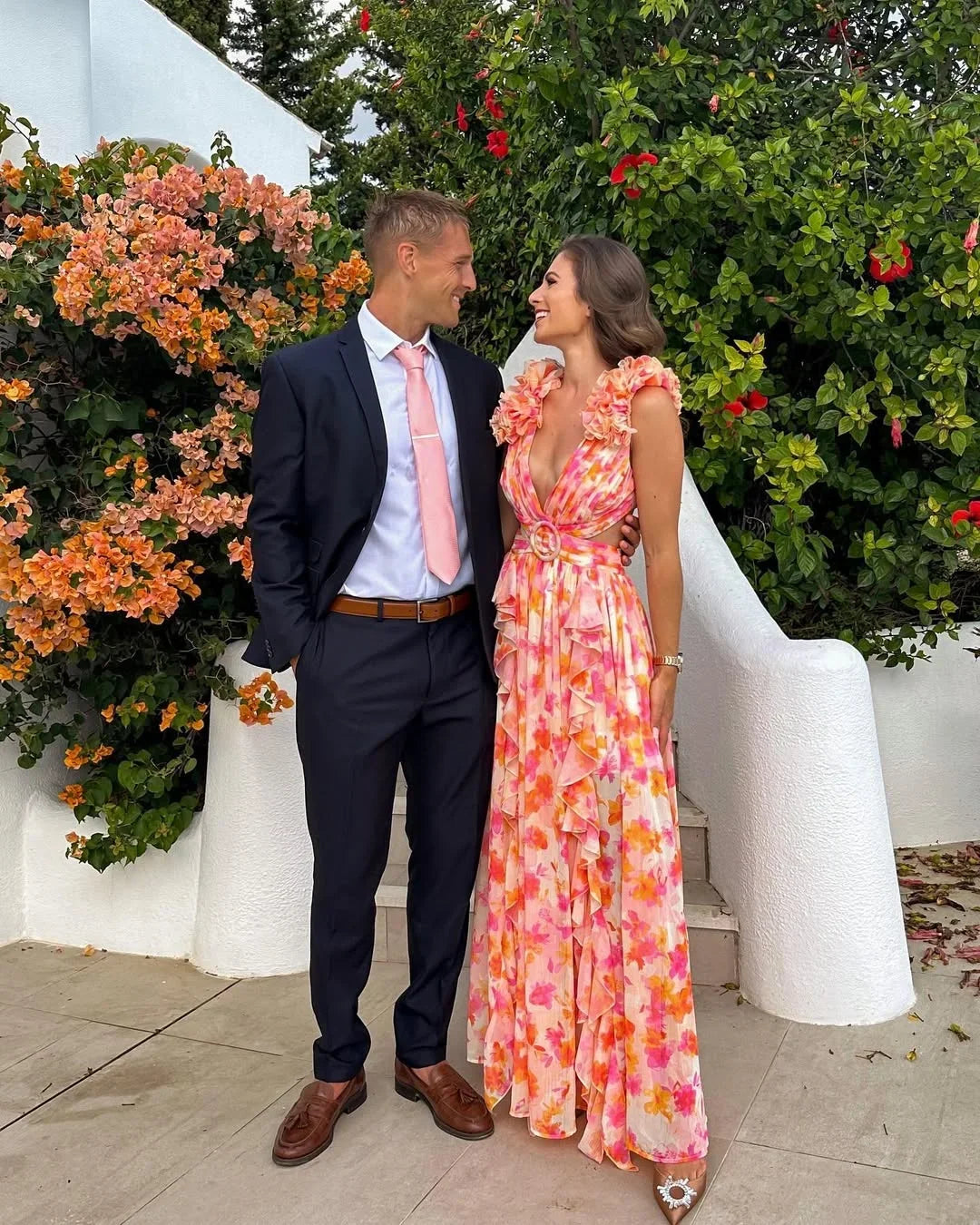 Women's pink floral maxi dress with ruffle straps