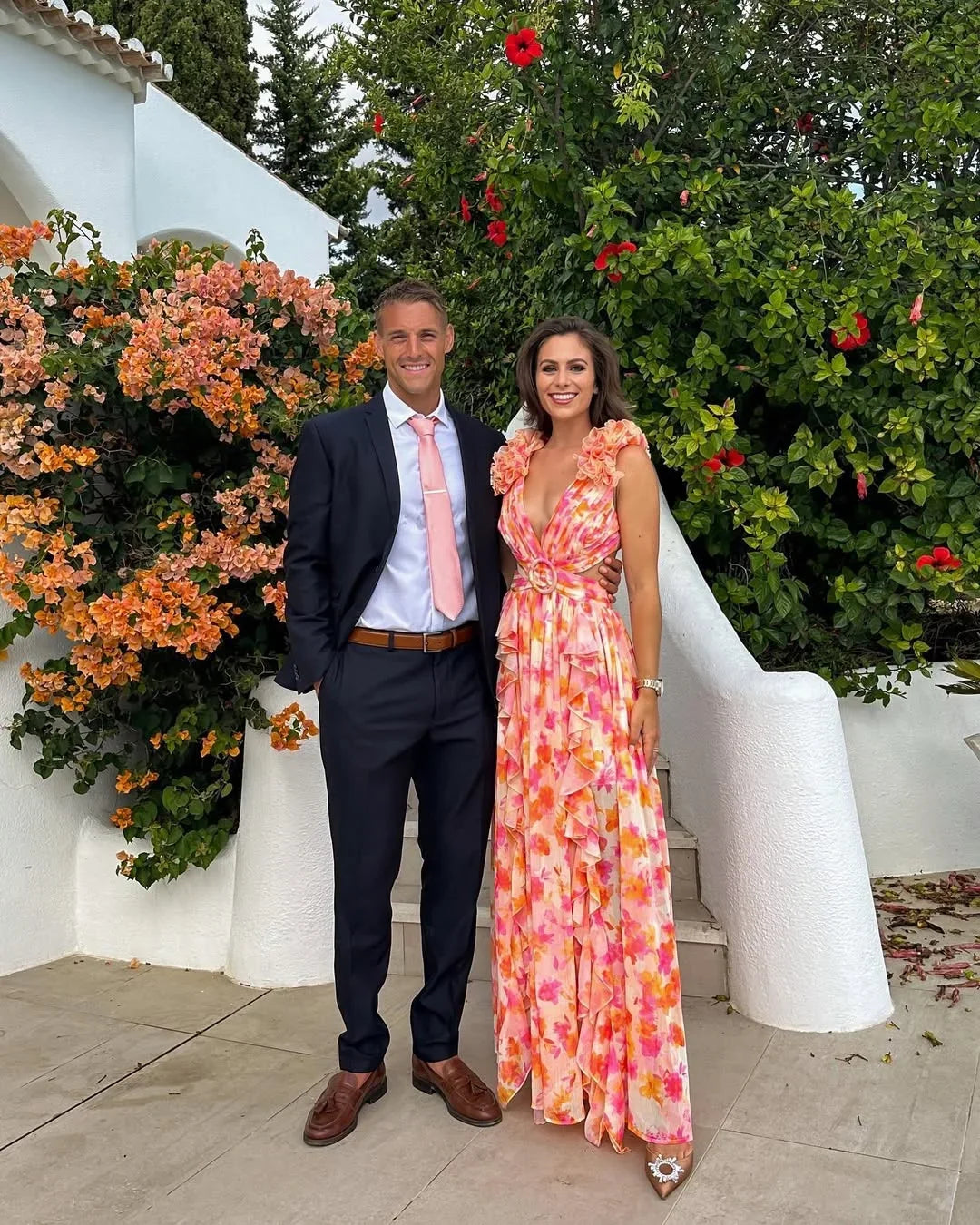 Women's pink floral maxi dress with ruffle straps