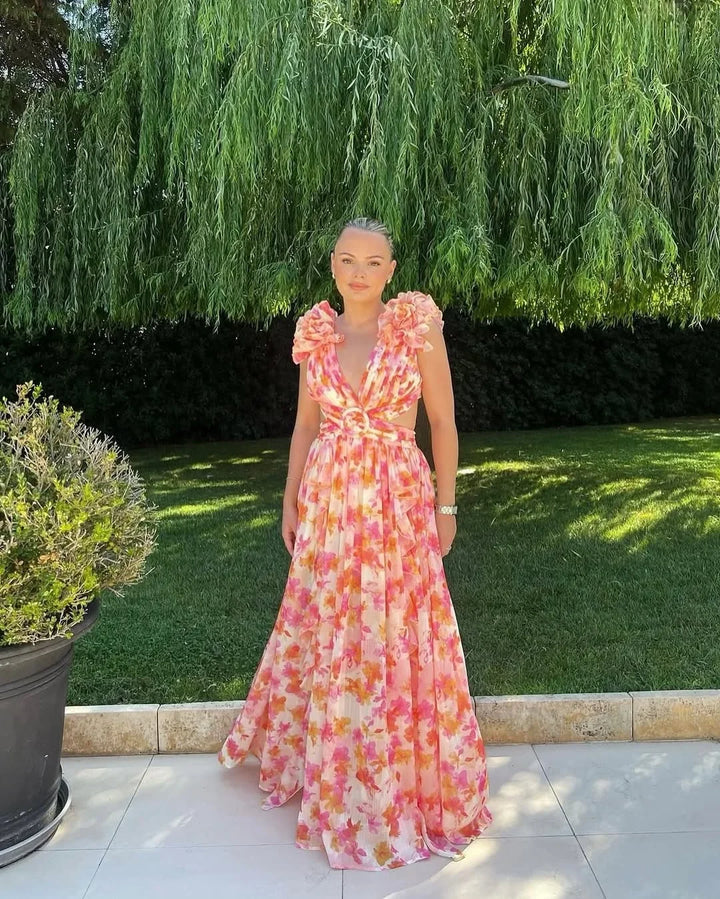 Women's pink floral maxi dress with ruffle straps