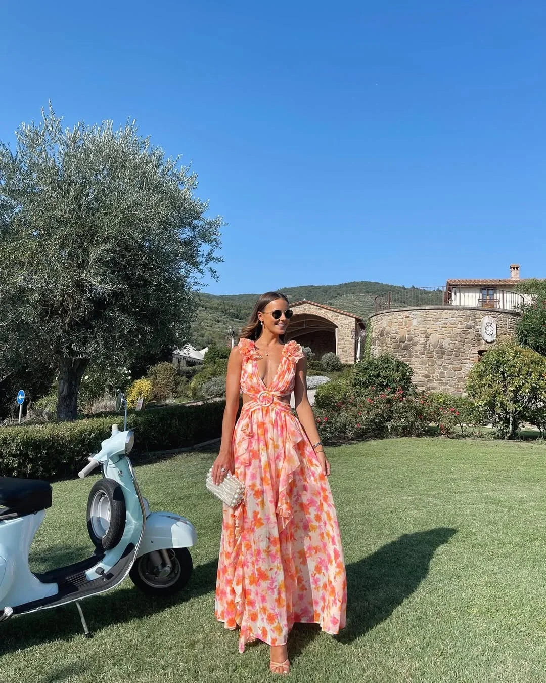 Women's pink floral maxi dress with ruffle straps