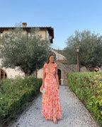 Women's pink floral maxi dress with ruffle straps