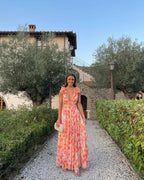 Women's pink floral maxi dress with ruffle straps