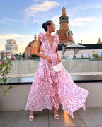 Women's pink floral maxi dress with ruffle straps
